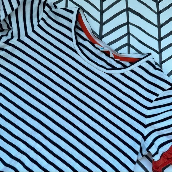 Boden Size 4 Navy and White Striped Knee Length Dress with Orange Ruffle Sleeve - Picture 1 of 4